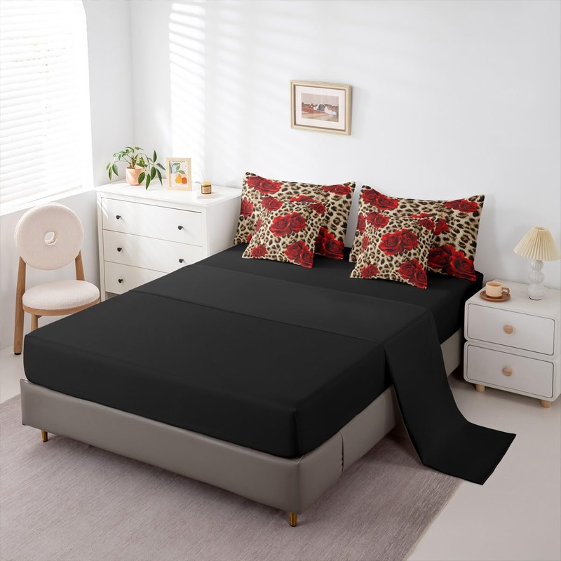 Erosebridal Leopard Print King Size Comforter Set, Red Rose 7-Piece