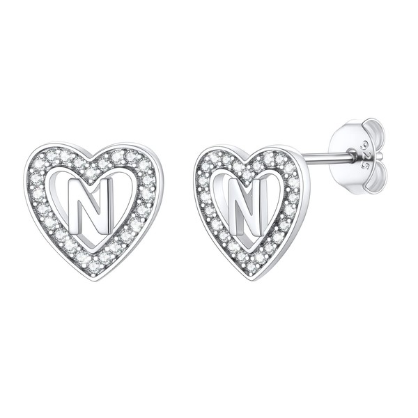 925 Sterling Silver Stud Earrings with Initial N, Cubic Zirconia