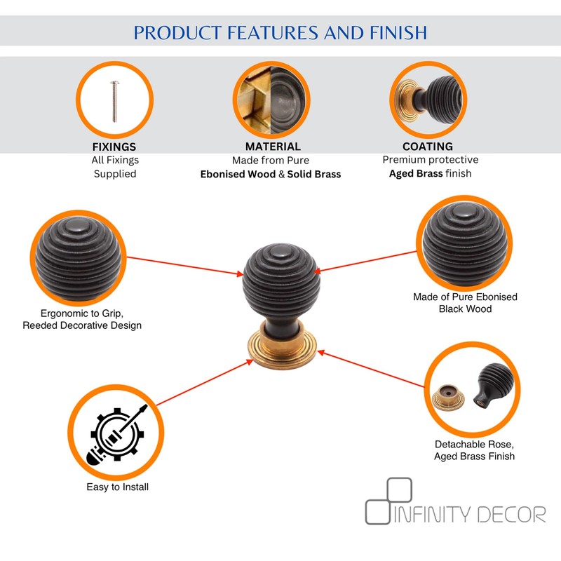 Infinity Decor Ebonised Reeded Preston Wooden Cupboard Knob Interior Furniture