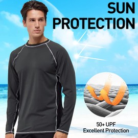 Arcweg Rashguard Men Long Sleeves Diving UV Protection UPF 50+ Elastic Rash Vest Loose Fit Top Swimming Quick Drying Surfing Pool T-Shirt Sports Top Rashie L (EU) New Grey and Black