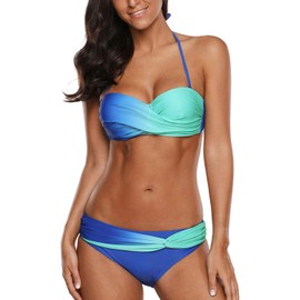 Voqeen Womens Gradient Halterneck/Strapless Bandeau Twist Front Bikini Set, Blue, UK 16-18=Tag Size XL