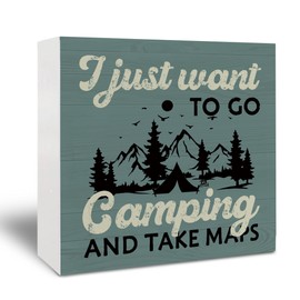 Kneaotoaji Camping Signs for Camper, Rv Gifts for Rv Owners, Camper Decor, Rv Decorations, I Just Want to Go Camping Wooden Box Signs for Rv Camper Travel Trailers 5x5