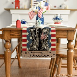 Artoid Mode Stripes Stars Boots Freedom 4th of July Patriotic Memorial Day Table Runner, Independence Day Holiday Kitchen Dining Table Decor for Indoor Outdoor Home Party Decoration 13 x 36 Inch