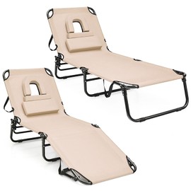 Giantex Folding Beach Tanning Chair - Adjustable Patio Lounge Chair w/Face Hole, Removable Pillows, Carry Strap, Layout Chair, Sunbathing Chaise Lounge Outdoor for Poolside Yard Lawn (2, Beige)