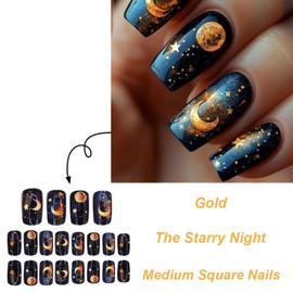 Black Press on Nails Medium Square Fake Nails Stars and Moon Design Acrylic False Nails Starry Night Full Cover Stick on Nails for Coquette Women Girls Glossy Glue on Nails 24Pcs