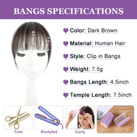 Clip in Bangs 100% Human Hair Wispy Bangs Clip in Hair Extensions, Wispy Bangs Fringe with Temples Hairpieces for Women Curved Bangs for Daily Wear (Dark Brown)