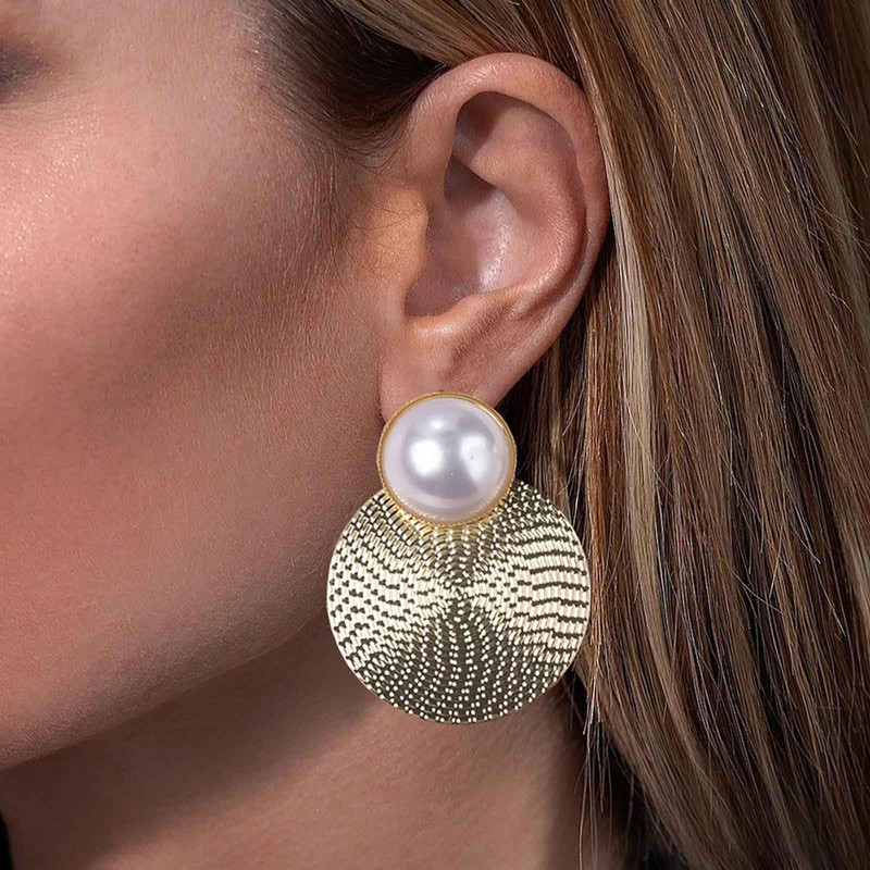 Inateannal Boho Texture Disc Dangle Earrings Large Round Pearl Stud