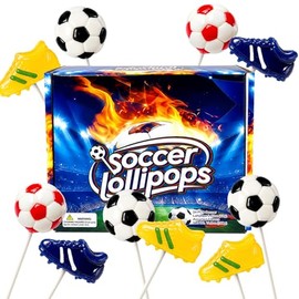 24 Packs Soccer Ball & Golden Boot Shaped Lollipops, Individually Wrapped Suckers, Blueberry, Mint, Strawberry & Chocolate Flavored Soccer Themed Candy for Game Day, Team Celebrations & Party Treats
