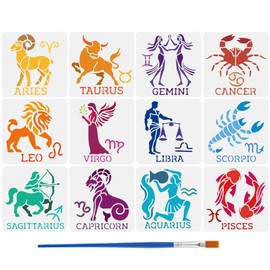 FINGERINSPIRE 12 PCS Twelve Zodiac Figures Stencil with Brush 5.9x5.9inch Zodiac Constellation Symbols Stencil Decoration Fantasy Theme Template for Painting on Wood Canvas Fabric Wall Furniture