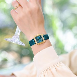 VXFAIZY Dainty Square Watch for Women with Easy Read Arabic Numeral Ladies Dress Watches (Green-Gold)