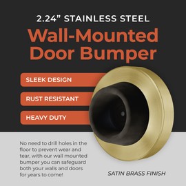Stainless Steel & Rubber Wall-Mounted Door Stopper by NYCO Architectural Hardware- Heavy Duty Round Door Bumper for Wall & Door Protection- Modern Universal Door Slam Stopper (Satin Brass)