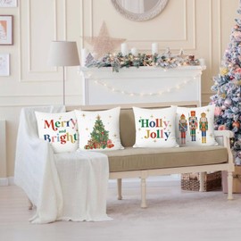 Bonhause Christmas Nutcracker Throw Pillow Covers 18 x 18 Inch Xmas Tree Merry & Bright Holly Jolly Decorative Pillow Cases for Couch Bed Home Winter Holiday Decor Set of 4