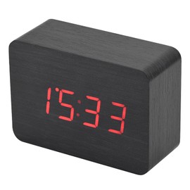 LED Wooden Alarm Clock, Alarm Function/Voice Control and Continuous Light Mode/Digital Desk Thermometer, Classic Timer, Digital Alarm Clock (Black Wood + Red Light)