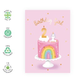 Central 23 Second Birthday Card for Girls - Happy 2nd Birthday Card - Age 2 - Two Year Old - Rainbow Cloud and Unicorn Card for Kids Daughter - Granddaughter - Comes With Fun Stickers