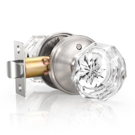 KNOBWELL Privacy Glass Door Knob for Bedroom and Bathroom, Vintage Clear Crystal Door Knobs with Lock, Crystal Glass Interior Door Knobs with Victorian Plate Rosette, Satin Nickel