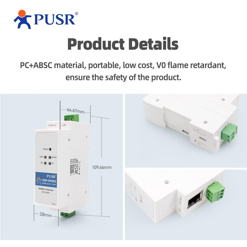 PUSR Din Rail RS485 to Ethernet Converter Modbus RTU to