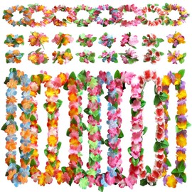 8 Sets Leis Luau, Hawaiian Leis Garland Necklaces, Hawaiian Flower Chains, Hawaiian Flower Necklaces, Hawaii Flower Decoration, Hawaiian Chain Set, for Beach Party, Pool Party