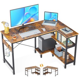 ODK 48 Inch Small L Shaped Computer Desk with Reversible Storage Shelves, L-Shaped Corner Desk with Iron Hook for Small Space, Modern Simple Writing Study Table for Home Office, Rustic Brown