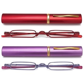 Hubeye 2 Pairs Mini Reading Glasses Compact Spring Hinged Slim Pocket Readers with Pen Clip for Easy Carry +3.5