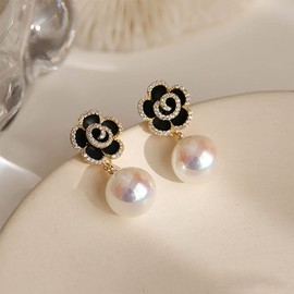 Cimenexe Bohemian Crystal Camellia Flower Earrings Black Rose Pearl Drop Earrings Cz Flower Pearl Dangle Earrings Rhinestone Camellia Stud Earrings Jewelry for Women and Girls Gifts