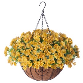 Ammyoo Autumn Artificial Hanging Flowers Basket for Outside Fall Decoration, Fake Silk Colorful Daisy Eucalyptus in Planter UV Resistant Look Real for Home Patio Yard(Yellow)