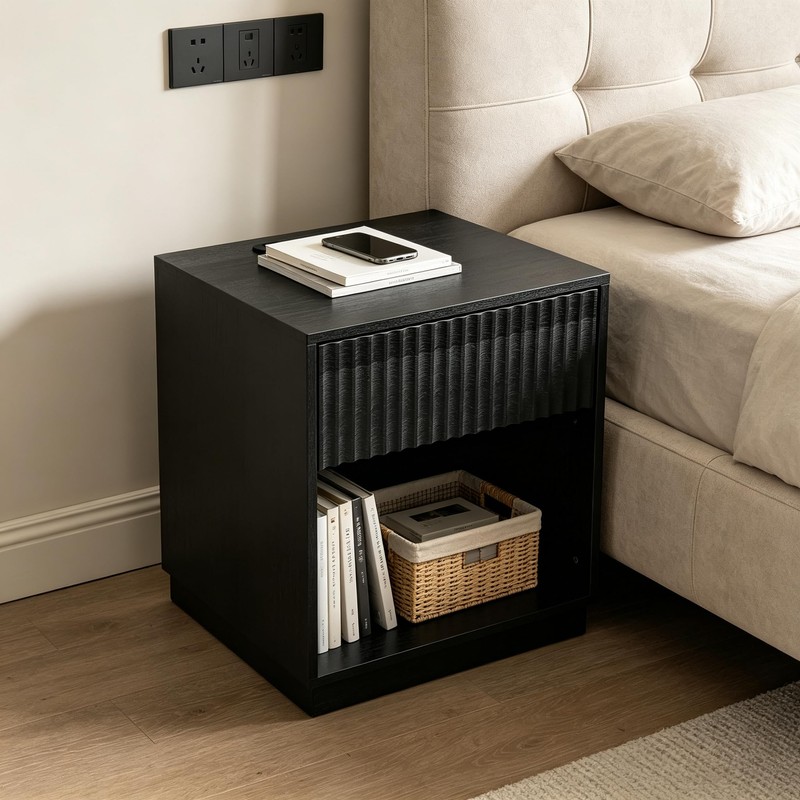 Night Stand with Charging Station, 23 Inch Tall Fluted Modern