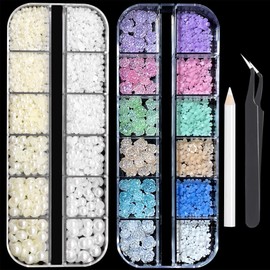 RODAKY 2 Boxes Flower Nail Charms and Flatback Pearls,Mini Flowers Charms for Nails Acrylic Flower Nail Charms,White & Beige Half Pearl for Nail Jewelry DIY Nail Art Decor