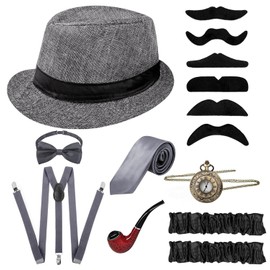 MMSZHL 8 Pcs Gatsby Hombre Accesorios, Disfraz Gatsby Hombre de Los Años 20, Great Gatsby Accesorios Hombre de 1920s de Fiesta Rugientes con Gorro, Tirantes, Pajarita, Reloj, Barbas Postizas (Gris)