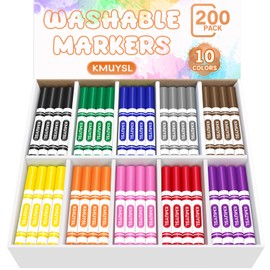 KMUYSL 200 Count Washable Markers Bulk, Markers in 10 Assorted Colors - Broad Line Conical Tip Coloring Markers for Kids, School Art Supplies & Back to School Supplies, Classroom Must Haves