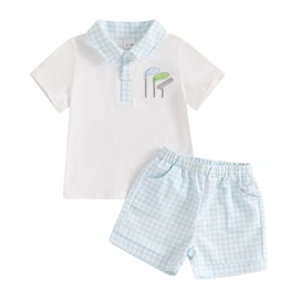 Baby Boy Summer Clothes Golf Embroidery Collared Shirt Toddler Polo Shirt Plaid Shorts Set Cute Baby Boy Golf Outfit(A-Blue Golf,12-18 Months)