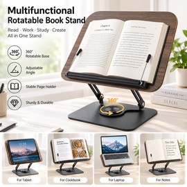 Adjustable Book Stand for Reading – 360° Rotating Foldable Desktop Holder with Elastic Page Clips for Study & Work