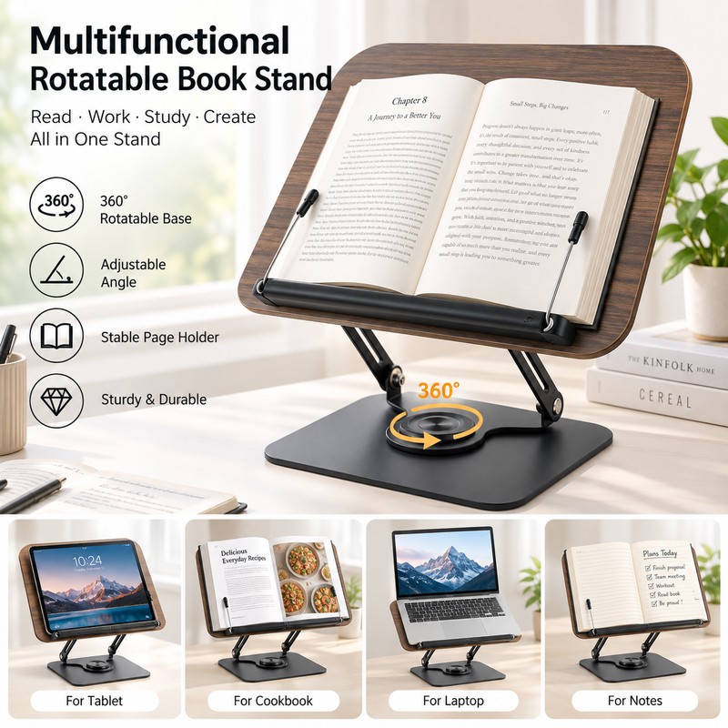 Adjustable Book Stand for Reading – 360° Rotating Foldable Desktop