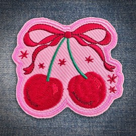 Red Cherry Bow Coquette Patch Cute Cherry Embroidered Patches Applique Patch Iron On Embroidery Patch for Caps, Bags, Backpacks, Hat, Jackets, Uniform DIY PVC Gifts for Her Him 3 Inches