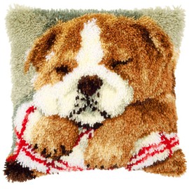 ROCKY&CHAO Latch Hook Kit for Adults, Sleeping Puppy 17X17Inch, Latch Hook Dog Pillow Case Kits, DIY Latch Hook Cushion Kits, Cross Stitch Embroidery Kits Cushion Making Kits Home Decor 43x43cm