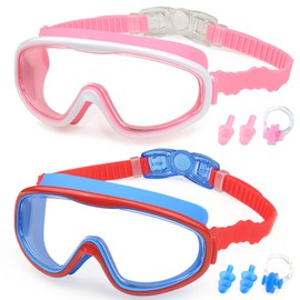 KAILIMENG 2 Pack Kids Swim Goggles, Clear Wide View No-Leak Anti-Fog UV Protection Swimming Glasses with Nose Clip Earplugs for Toddlers Youth Child 3-15 Years Old (Pink & Red Blue, 2 Pack)