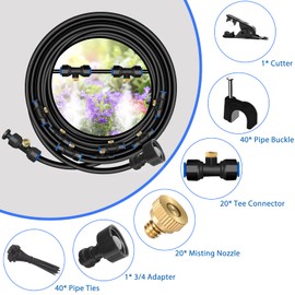 Misting Cooling System, 65FT (20M) Misting Line, 20 Misting Fittings, 20 Brass Mist Nozzles, 1 Faucet Adapters (3/4"), Outdoor Mister System for Patio Garden Trampoline Greenhouse