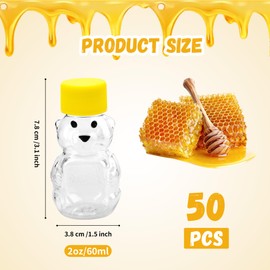 KEJJNYER 50 Pack Honey Bear Bottle 2 oz, Empty Honey Bear Jars with Lids, Reusable Mini Honey Bear Containers Bulk Yellow Flip Top Lid for Storing and Dispensing
