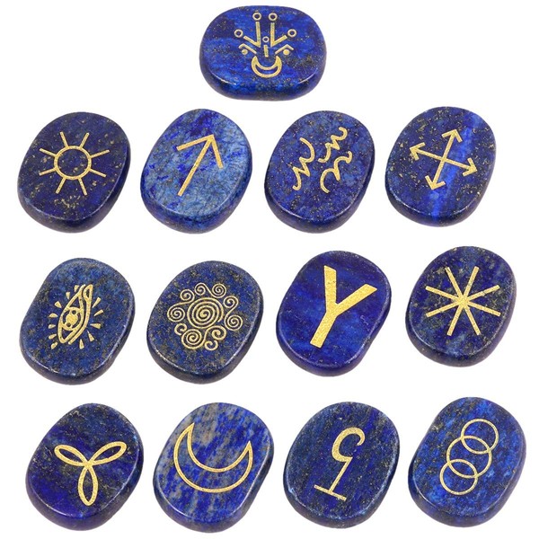 mookaitedecor 13pcs Lapis Lazuli Witches Runes Set, Reiki Stones Engraved Gypsy Symbol, Healing Crystal Palm Stone for Meditation Divination Spiritual Wiccan Gifts Witchcraft Altar Decor
