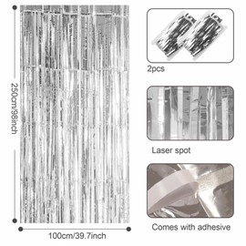 2pcs 3.2 x 8.3ft Glitter Sliver Tinsel Curtain Foil Curtain Decorations Metallic Tinsel Door Hanging Foil Flow Silk Streamers Photo Backdrop Decoration for Christmas Graduation Disco Wall Streamers