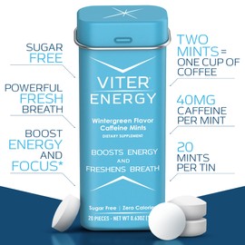 Viter Energy Caffeinated Mints 40mg Caffeine, B Vitamins, Sugar Free. (Wintergreen, 20pcs, 6 Pack)