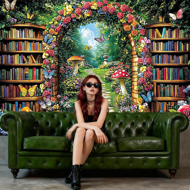 Fairy Library Backdrop,Magic Bookshelf Garden Reading Theme Party Banner,Enchanted Forest