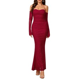 Parthea Women’s Sexy Dress Sequin Sparkly Glitter Dress Off Shoulder Long Sleeve Cocktail Evening Party Elegant Maxi Dress