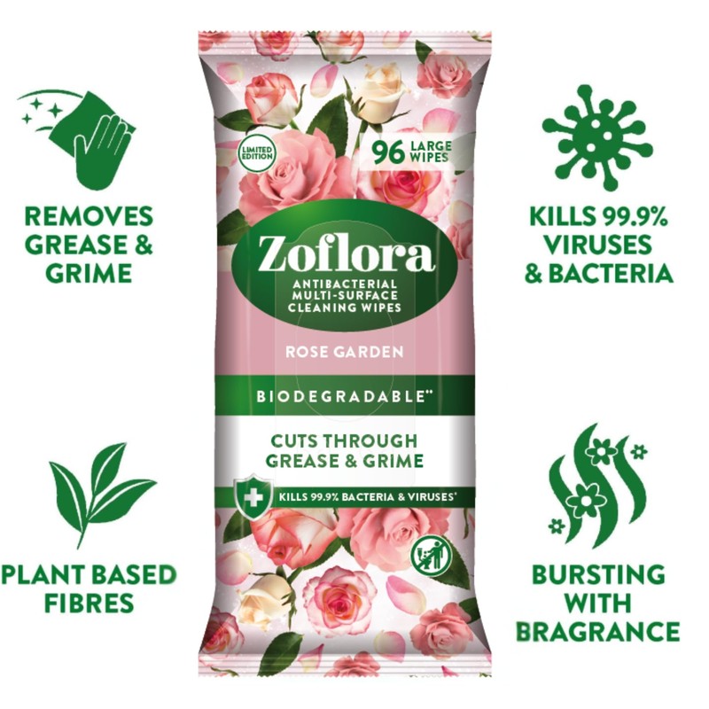 Zoflora Rose Garden 96 Wipes, Antibacterial Multi-surface Cleaning Wipes Convenient,