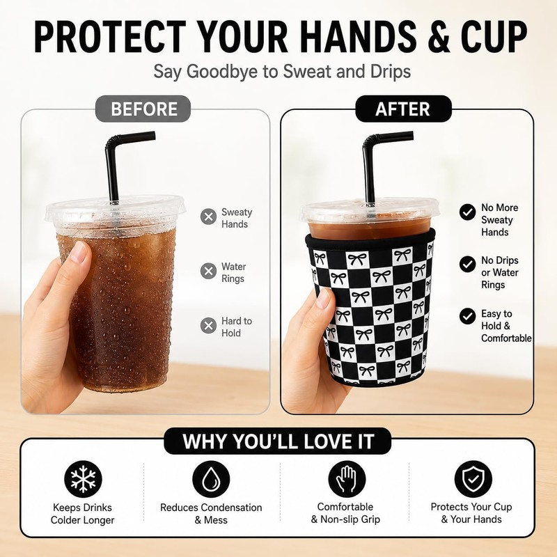 Reusable Ice Coffee Cup Sleeves for Cold Drink 16-32oz(Black Checked
