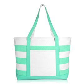 DALIX Striped Boat Bag Premium Cotton Canvas Tote White Mint Green