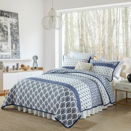 BCOTTOND Floral Quilt Set Queen 100% Cotton Blue Navy Quilt Bedding Set for Queen Bed Farmhouse Bedspread Queen Size Soft Reversible Lightweight Comforter Set All Seasons 3 Pieces