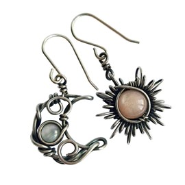 Boho Opal Sun and Moon Drop Dangle Earrings Moonstone Natural Stone Hook Bohemian for Women Asymmetrical Antiqued Silver Celestial Jewelry-A
