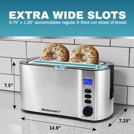 Elite Gourmet ECT4400B Long Slot 4 Slice Toaster, Countdown Timer, Bagel Function, 6 Toast Setting, Defrost, Cancel Function, Built-in Warming Rack, Extra Wide Slots for Bagels Waffle, Stainless Steel
