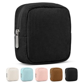 SiSiMu Small Makeup Bag for Purse – Mini Cosmetic Pouch with Metal Zipper, Compact Corduroy Makeup Bag for Cosmetics, Jewelry, Cables – Cute and Vintage Design, Black