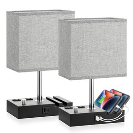 Kakanuo Fully Dimmable Bedside Lamps for Bedroom with USB C Ports, Grey USB Table Lamp Set of 2, Wooden Desk Lamp with 2 Charging Outlets and Phone Stand for Nightstand and Living Room, Bulb Included